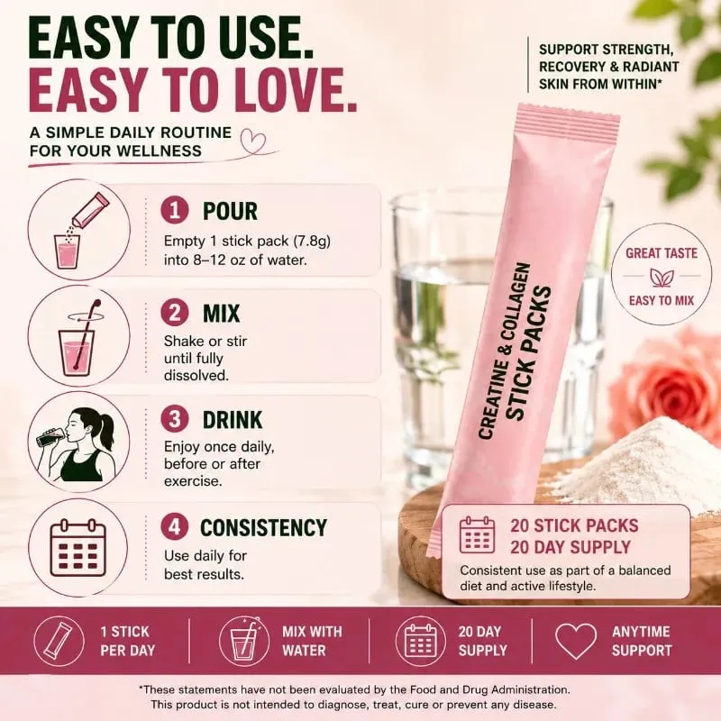 Creatine & Collagen Powder Stick Packs Supports Strength Recovery & Skin Health – Daily Nutrition Supplement 20Servings Per Bag — image 4