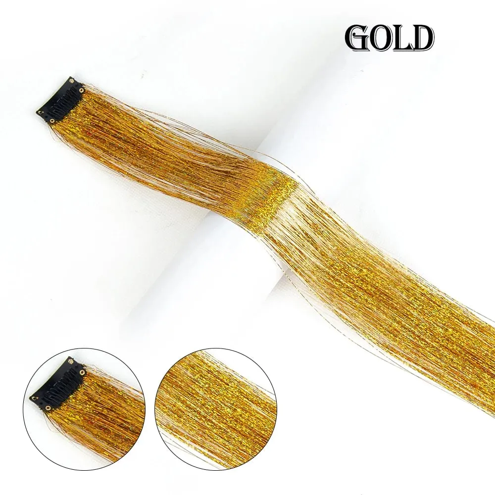 Straight Rainbow Colored Party Highlights Clip On In Hair Extensions Bling Hair Piece Synthetic Hairpieces Sparkling Tinsel Red