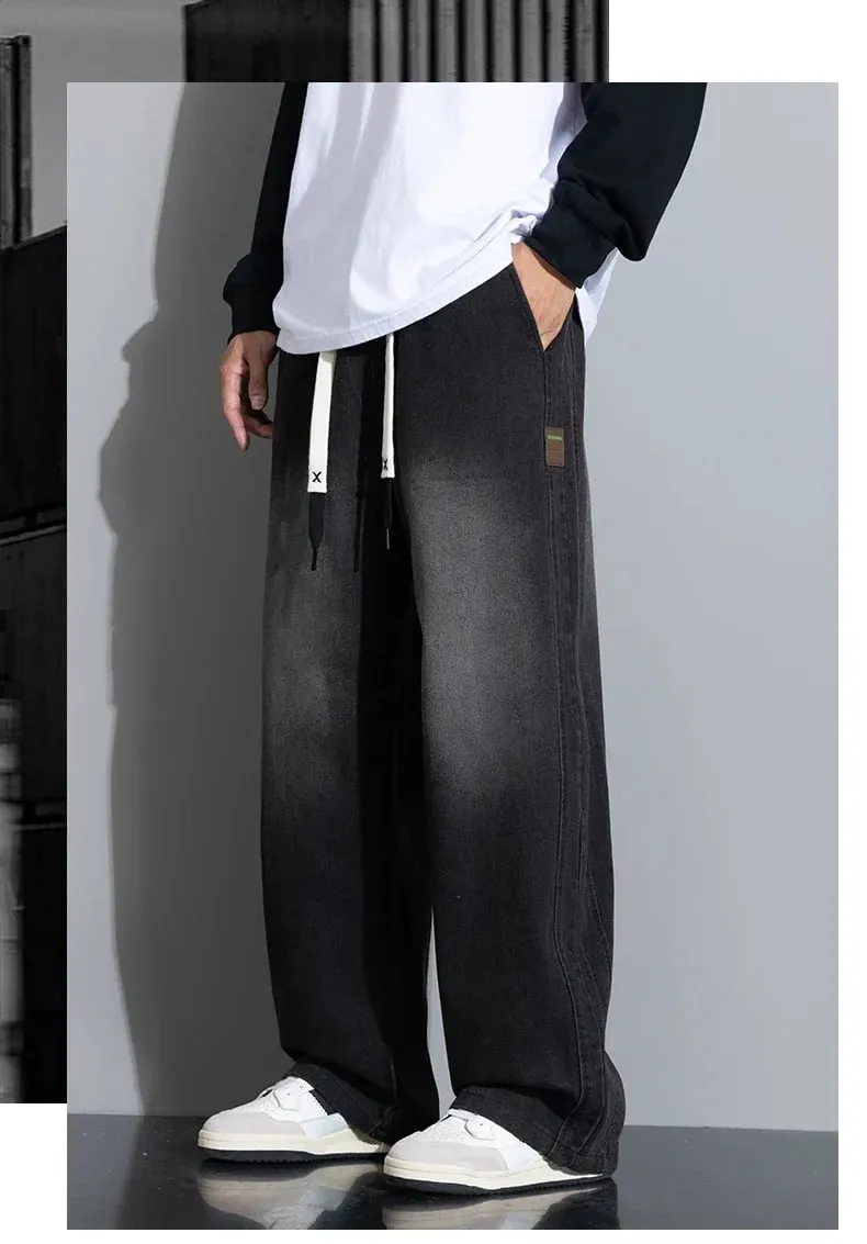 Spring New Wide Jeans Men Straight Vintage Drawstring Trousers Loose Pants Casual Solid Color Fashion Pants Big Size