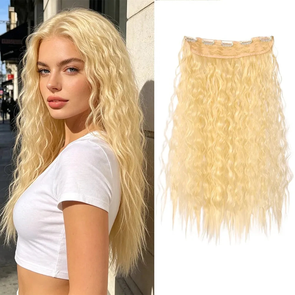 22" 1 Piece Light Blonde Corn Wave Clip In Hair Extensions Thick Full Head Synthetic Hairpiece for Women Natural Heat Resistant