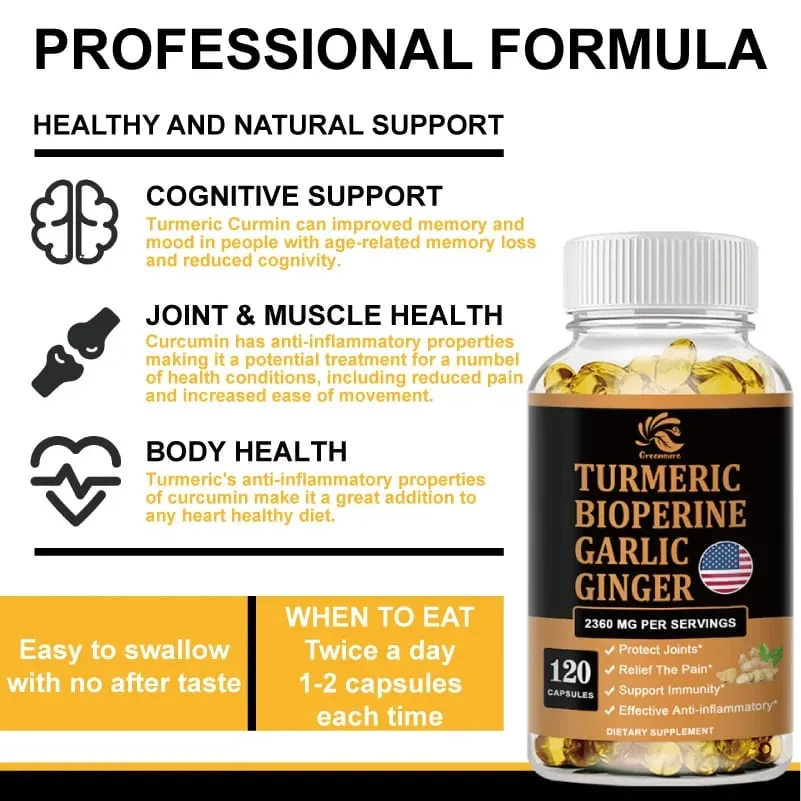 Curcumin Ginger Root Garlic Pills Black Pepper Supplements - for Joint Digestion & Immune Support