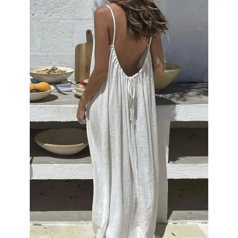 Women's Solid Color Backless Cami Dress Strappy Lounge Dress Open Back Maxi Length with Relaxed Fit Comfortable Home Wear​