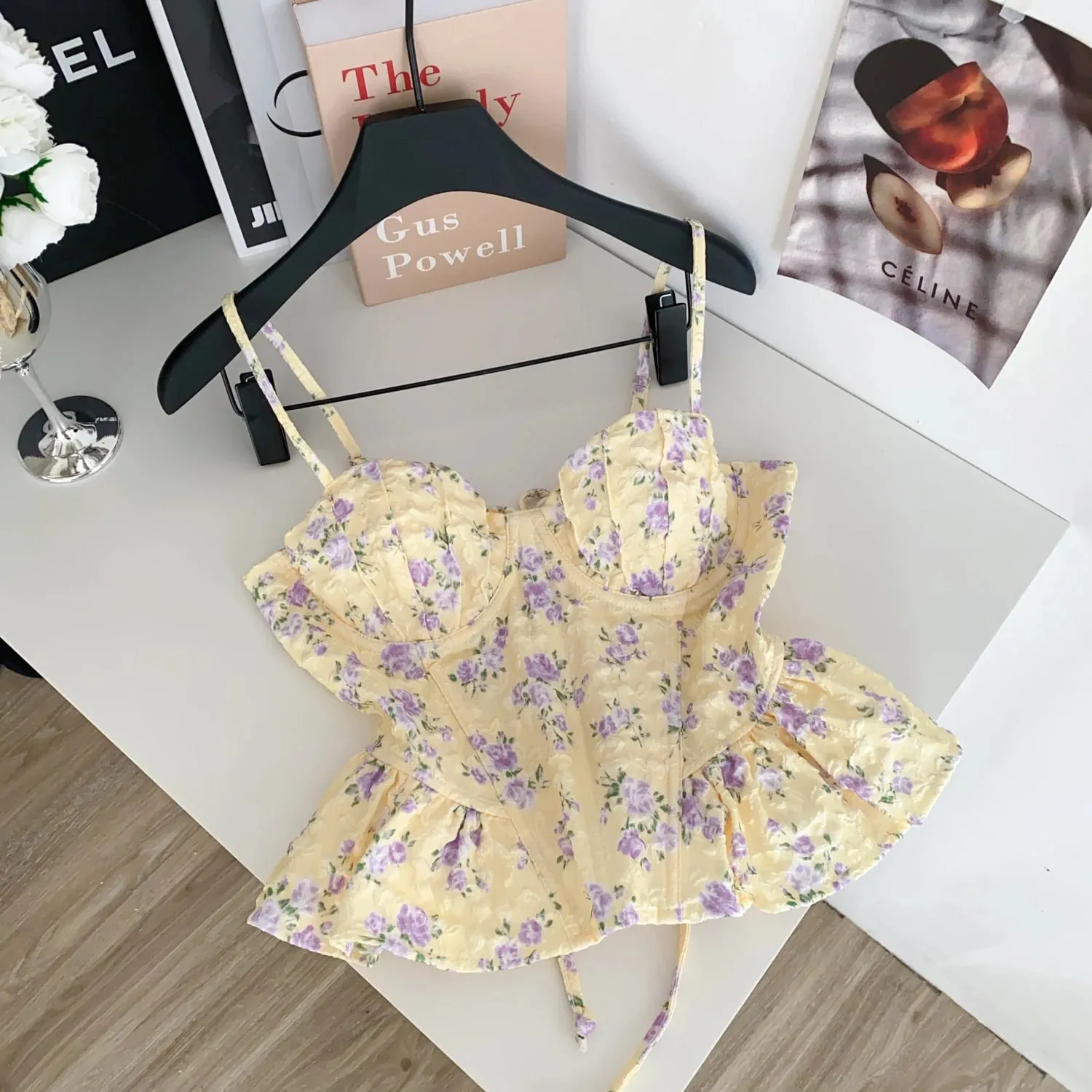 เซ็กซี่ Slim Corset ruffle พิมพ์เกาหลี Camis Tank Top Basic แฟชั่นปิดไหล่ฤดูร้อนเสื้อผ้าผู้หญิง