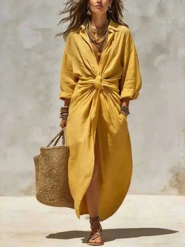 Boho White Linen Cotton Shirt Dress Long Sleeve High Waist Knot Maxi Dress Casual Loose Split Hem Summer Beach Dresses for Women — image 5
