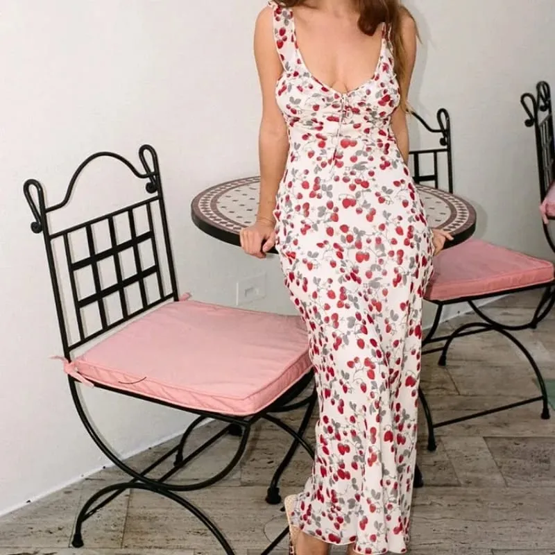 Summer Flower Printed Women's Sexy Low-cut Sleeveless Backless Slim Sling Ruffles Dresses 2026 Beach Vacation Lady Vestidos