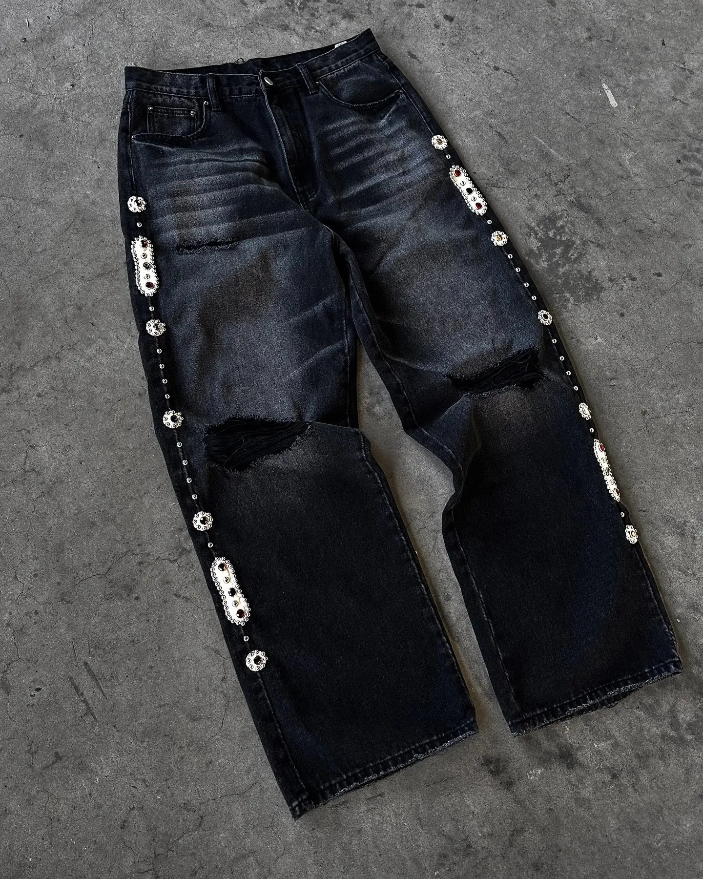 Gothic Diamond Punk Hip Hop Men's Slim Jeans Damaged Destroyed Hole Baggy Denim Long Trouser Pants Y2k Streetwear Ripped Jeans