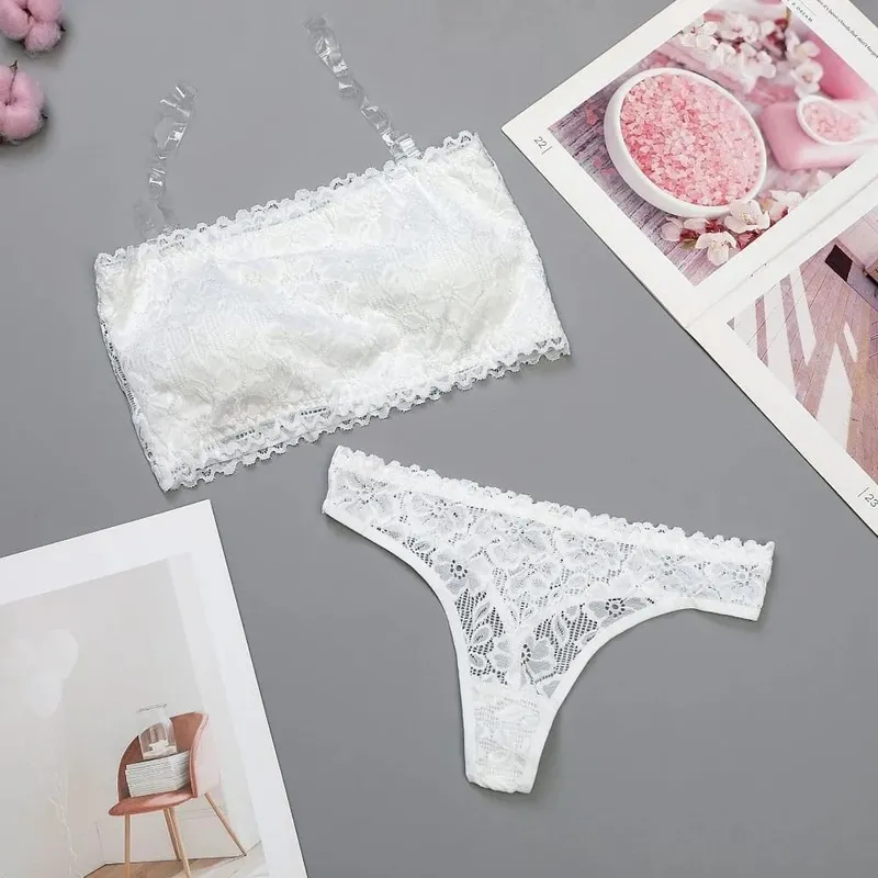 Lace Sheer Flower Thong Bra Set Invisible Straps Embroidery Floral Panties Bra Kit Lingerie Hollow Underwear for Women Ladies