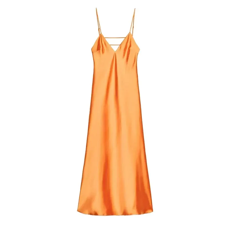 Sexet gul satin blonde patchworkkjole spaghetti strop ærmeløs V-hals bias cut kvindekjoler 2026 sommer aften festkåbe