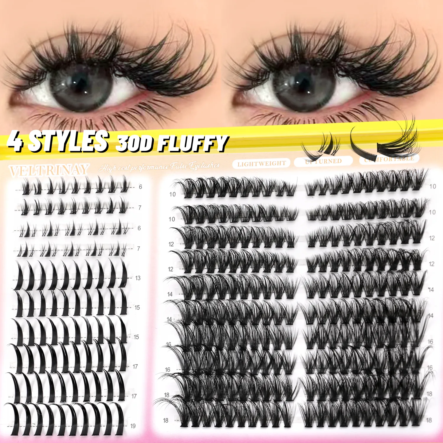 4-in-1 208pcs Lash Clusters 1style Manga Lash+2 style Spiky Botoom Lash+1 style Cat Eye Eyelashes DIY Clusters Lashes