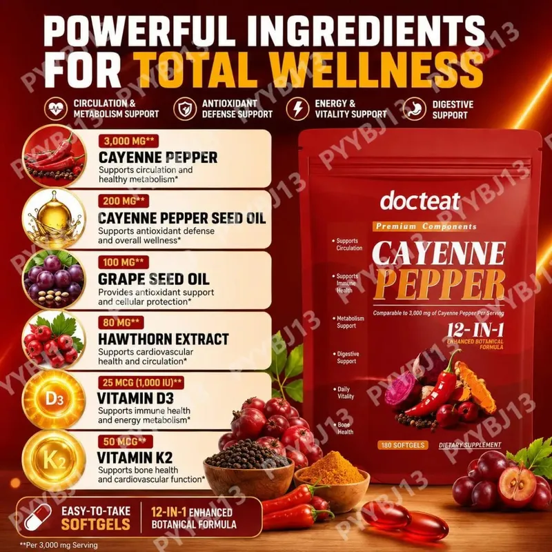 Docteat Pimienta de Cayena Cápsulas Blandas con Vitamina D3 y K2 Metabolismo Energético y Apoyo Digestivo Defensa Antioxidante 180 Cápsulas Blandas — image 4
