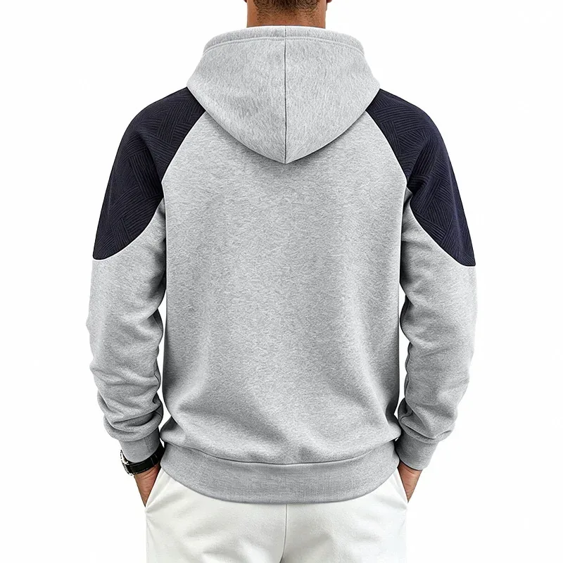 Autumn Winter Men Color Block Raglan Hoodie Textured Chest Panel Drawstring Kangaroo Pocket Loose Casual Streetwear Sweatshirt