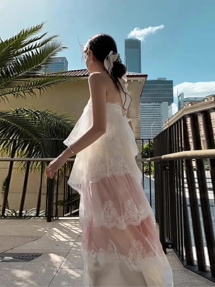 Chic Lace Patchwork Layered Sling Dress Women Sleeveless A-line Long Dresses Female Sweet Elegant Summer Party Lady Vestidos