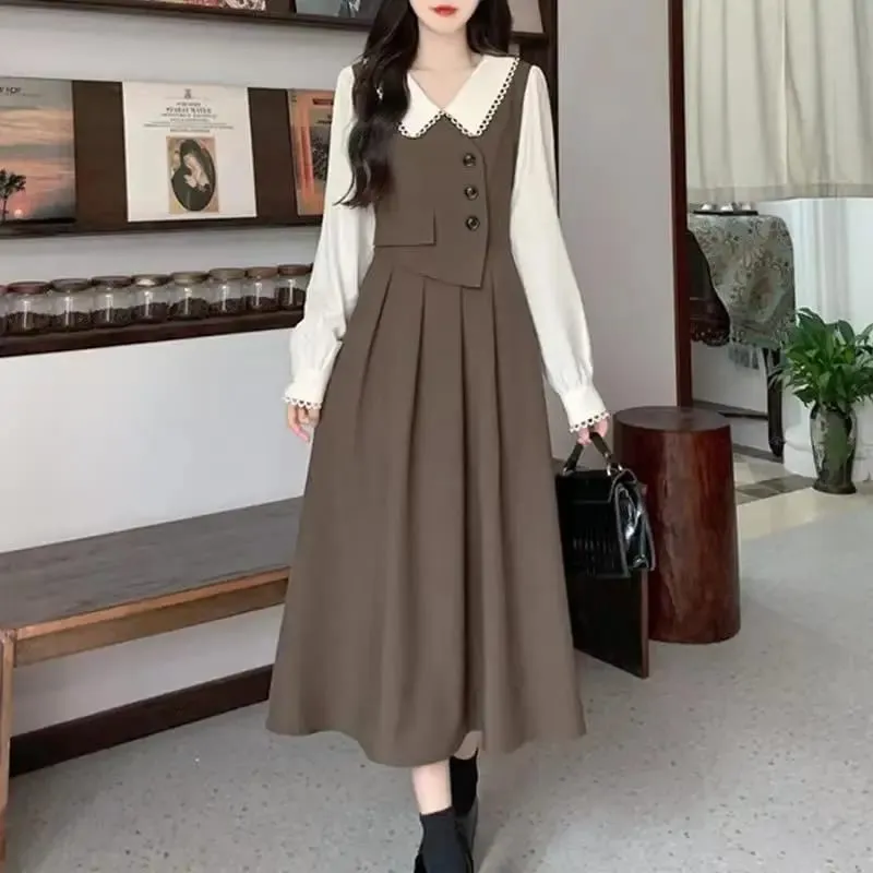 Women Dresses 2026 patchwork fake two-piece long-sleeved baby collar high quality design autumn elegant long dress vestidoes — image 1