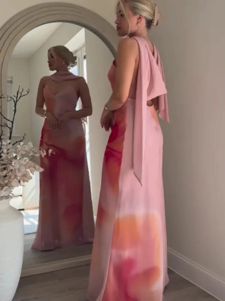 Elegant Tie-dye Gradient Print Sling Lang Kjole Med Halstørklæde Kvinder Ferie Ærmeløs Rygløs Aftenkjole Sommerferie Kåber