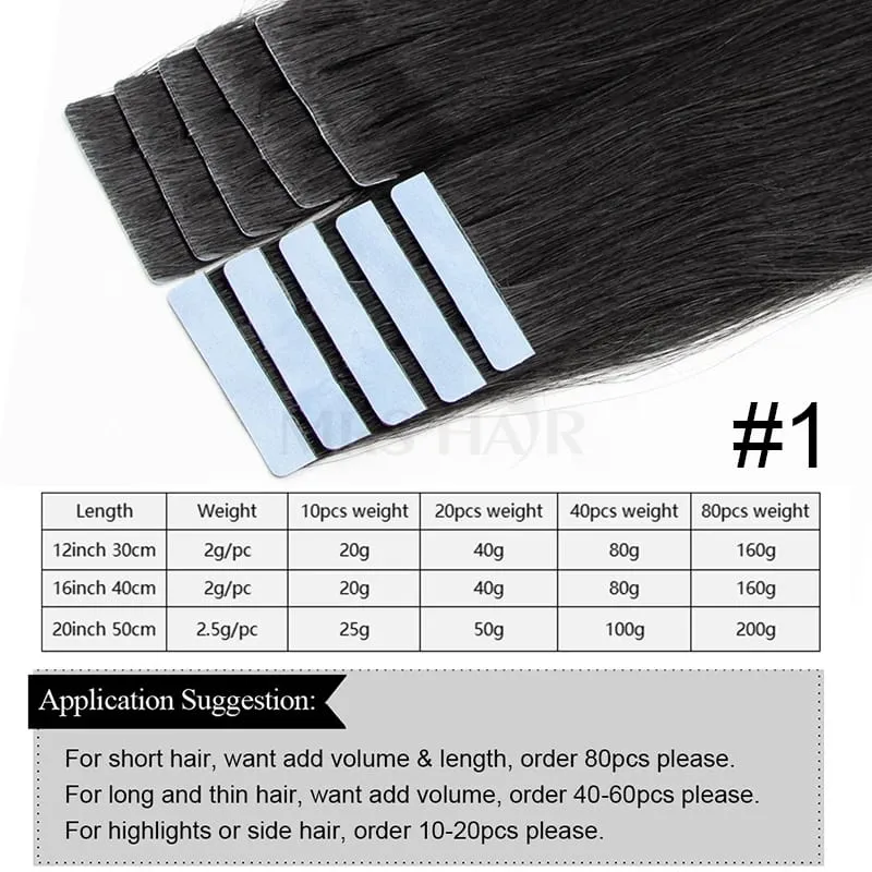 Injected Tape in Extensions Human Hair Invisible Tape in Hair Extensions 1B Natural Seamless PU Weft Tape On Hair 10pcs/pack
