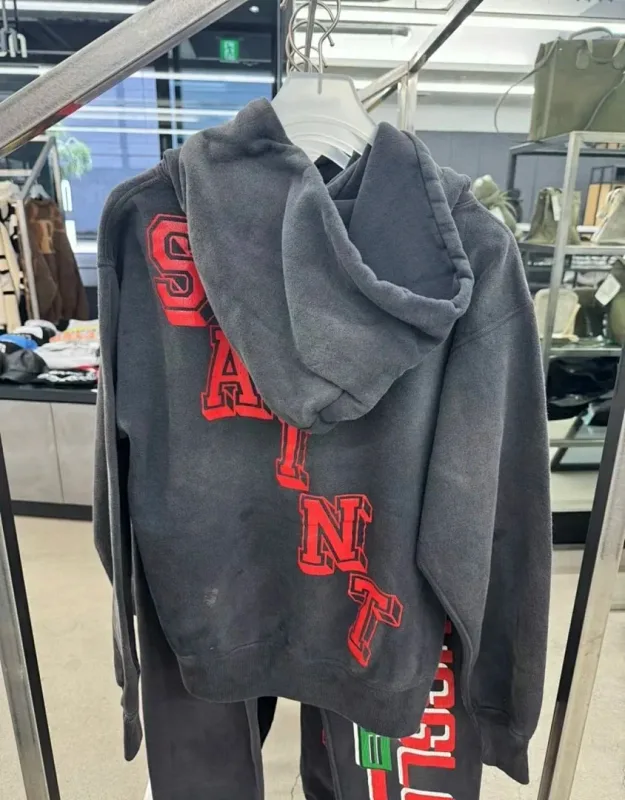 24FW SAINT Vintage Angel Printed Distressed Women Men Hooded Sweatshirt Hoodies Oversized Men Casual Cotton Pullover Hoodie