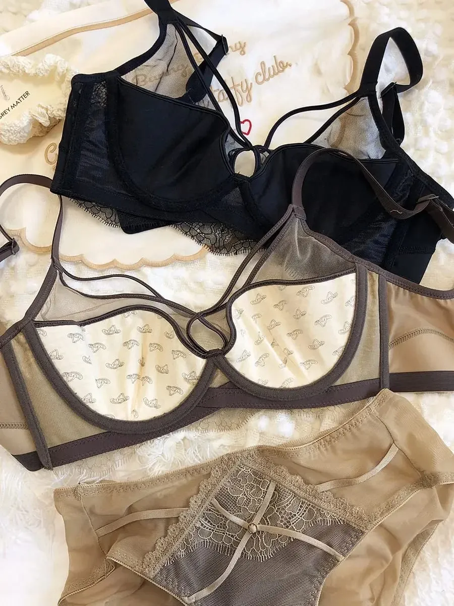 Sexy Hollow Bra Briefs Set Women Lace High Quality Underwear Thin Cup Adjustment Type Push Up Bras Mesh Lingerie Sets — image 3
