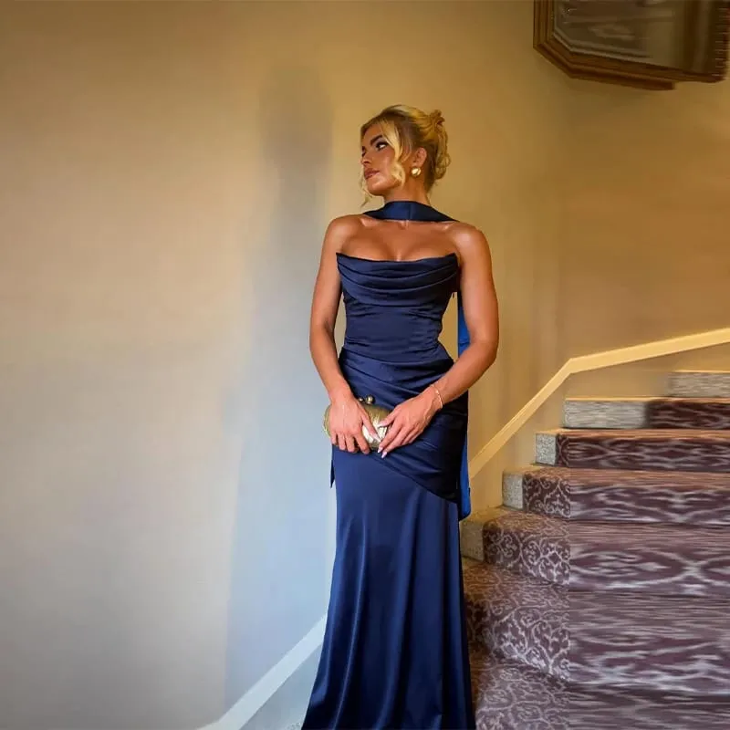 Mulheres sexy plissado sem alças vestido de cetim chique sólido fora do ombro sem costas cintura alta bodycon vestidos 2026 novo vestido de festa à noite — image 3