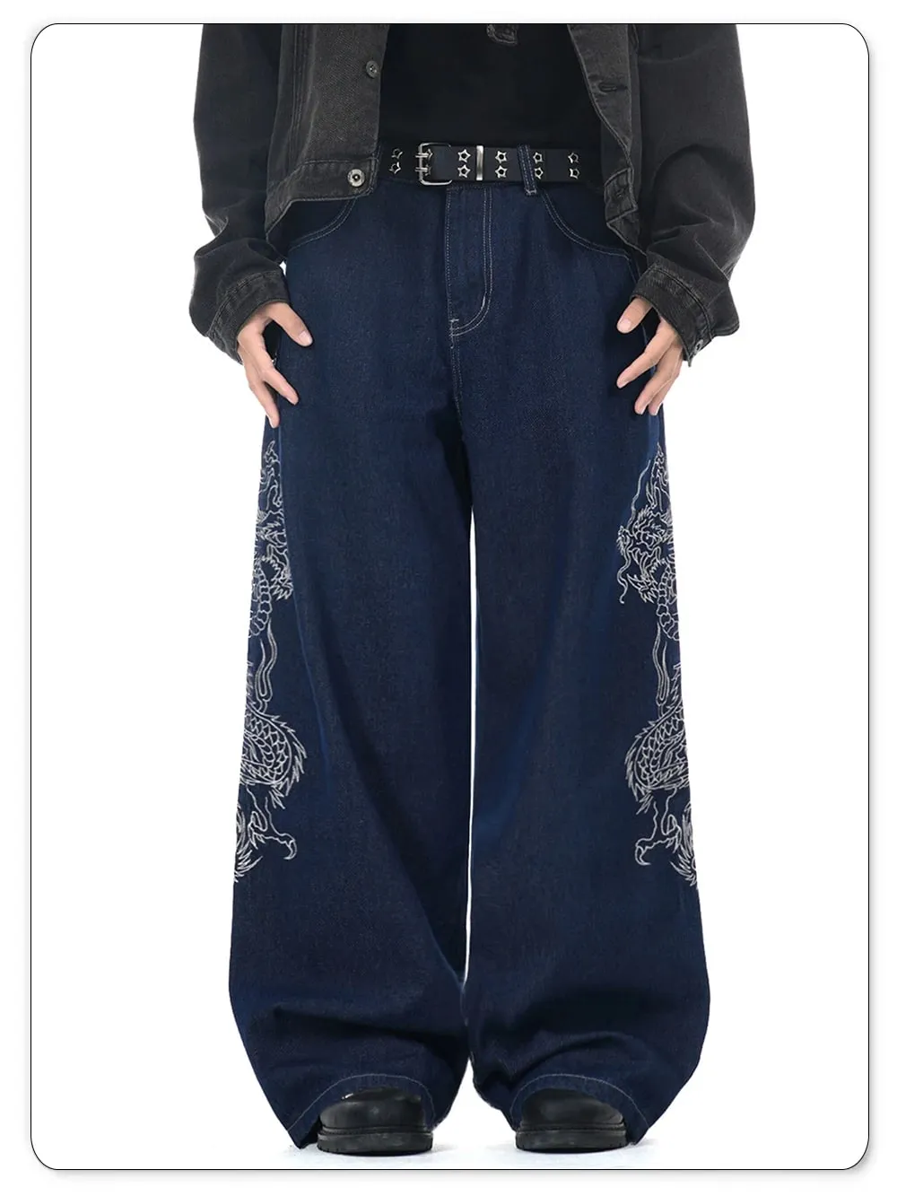 New Men's Blue Baggy Dragon Embroidered Wide Leg Jeans Spring Summer Classic Blue Baggy Washed Denim Pants Unisex Clothing
