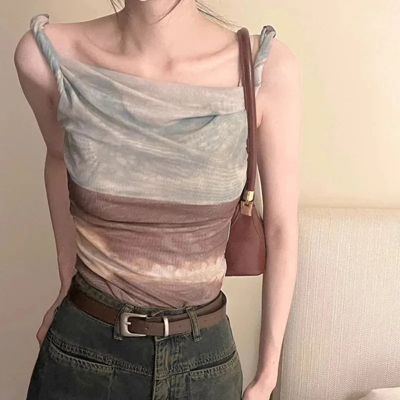Irregular Net Strap Dyed Off-Shoulder Top for Women Summer American Print Vest Fashionable Versatile Sexy Fitted Short Style — image 2