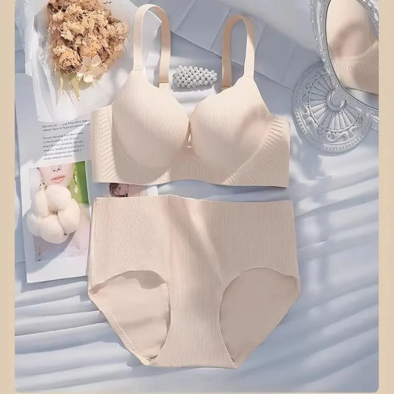 Thick Padded Wirefree Bra & Panty Set for Women Seamless Solid Comfort Gathering Lingerie Push Up Style Great for Smaller Bust
