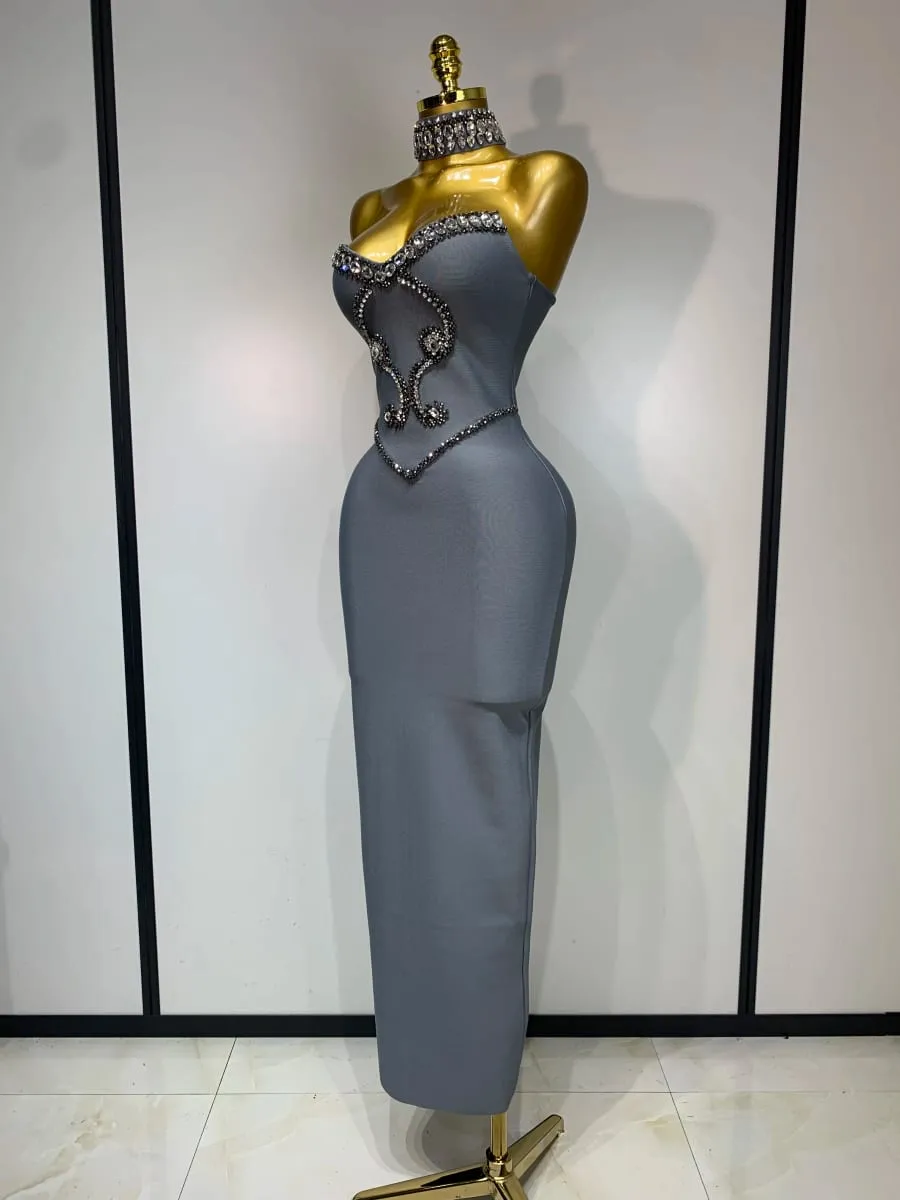 목걸이 붕대 드레스와 고품질 Strapless 구슬 연예인 우아한 저녁 파티 멋진 클럽 생일 드레스 — image 2