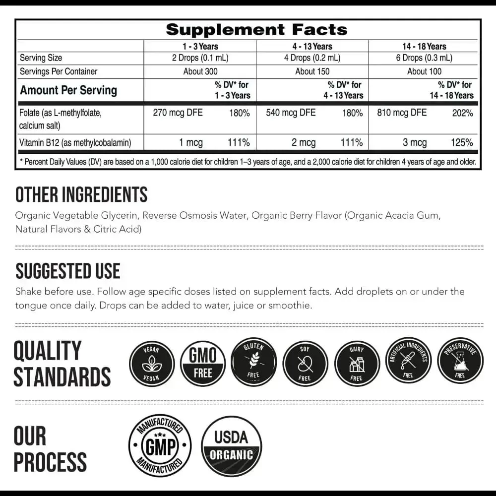 L-Methylfolate 5-MTHF Methyl B12 Drops for Kids Organic Berry Flavor Liquid Folate Supplement for Children Vegan 1 Fl Oz 30 ML — image 6