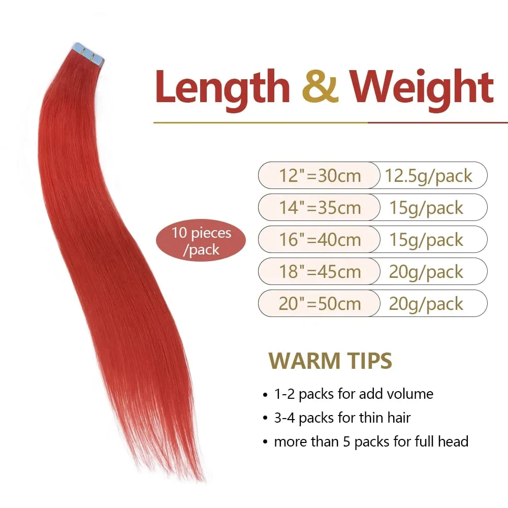 Colorful Mini Tape In Hair Extensions Human Hair Skin Weft Machine Remy Red Natural Straight 12-20 inch 10pcs Tape In Extension