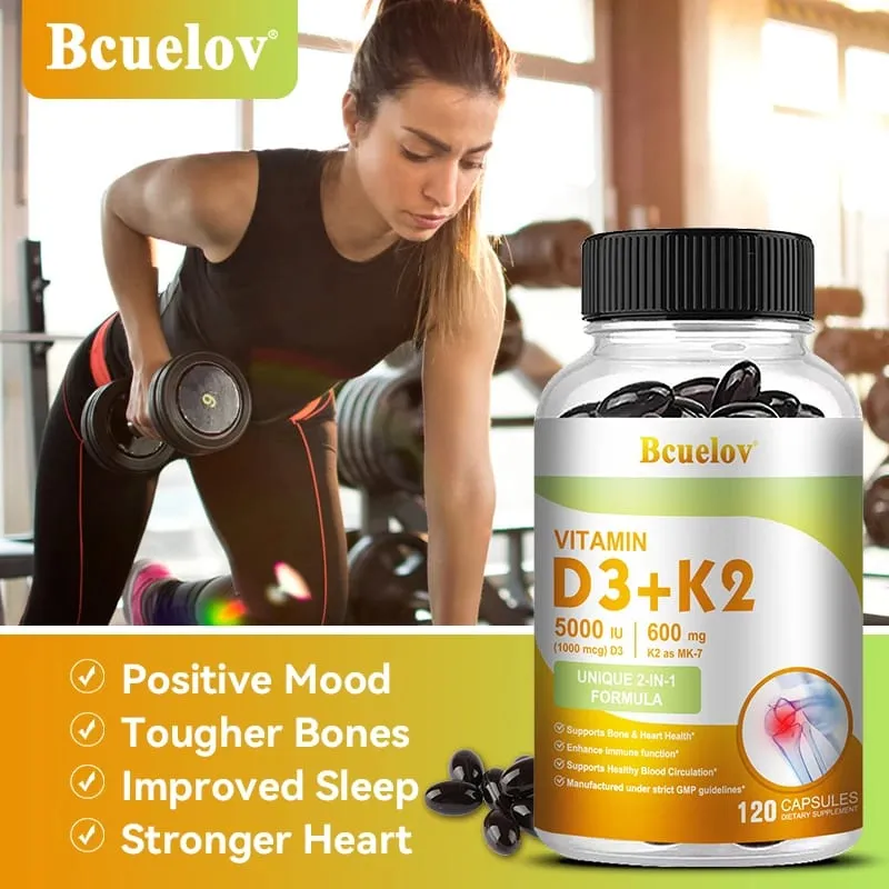 Bcuelov Vitamine D3+K2 5000 UI Formule de vitamine D3 sans OGM, complément alimentaire complexe de vitamines D et K facile à avaler