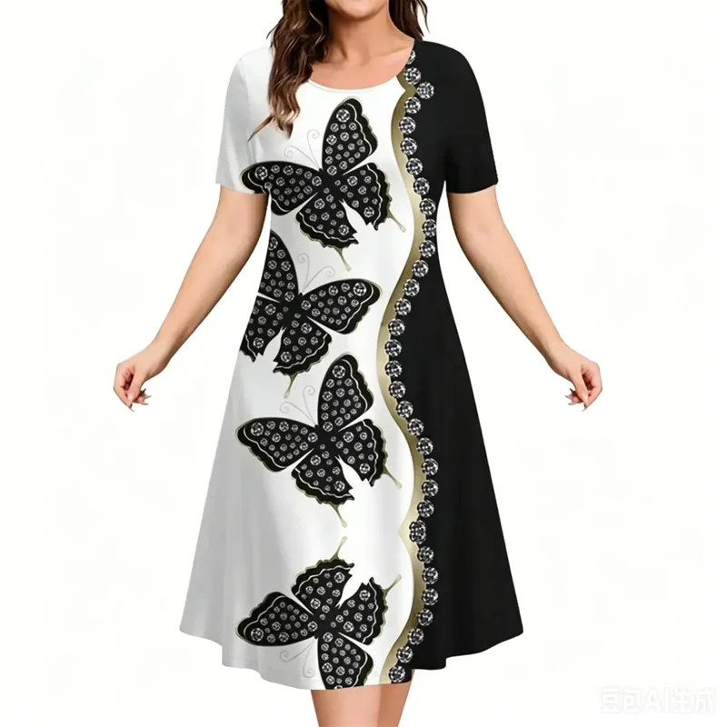 2026 New Women Dresses 3D Flowers Pattern Print Short Sleeve Loose Dress Casual Fashion A-Line Dress Summer Plus Size Dresses