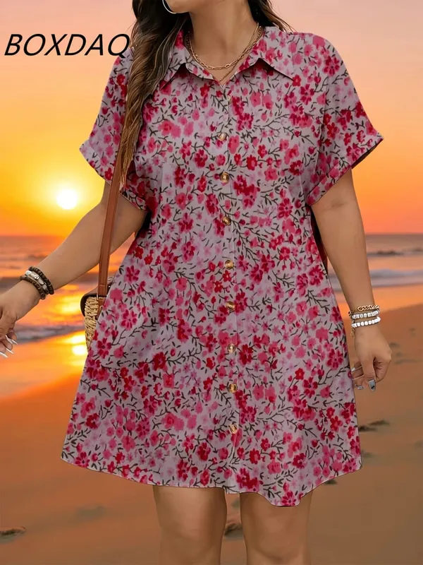 Short Sleeve Flower Pattern Fashion Women Mini Dresses Summer 3D Printed Street Elegant Casual Ladies Shirt Dress Plus Size 3XL
