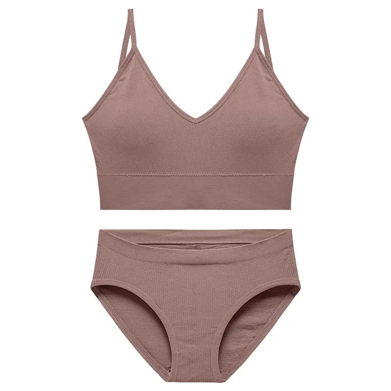 Women's Seamless Ribbed Bra and Panty Set 2 Piece Spaghetti Strap Crop Top High Stretch Lingerie Set with Removable Pads — image 12