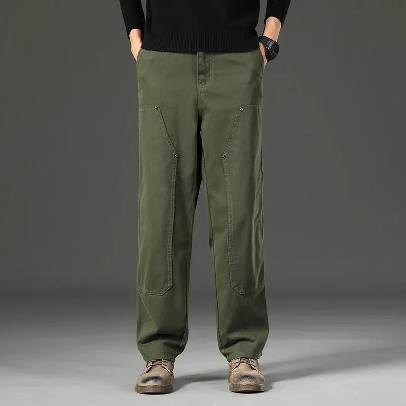 High Quality Spring New Style Straight Loose Men's Casual Pants Rivet Splicing Safari Style Cotton Trousers Army Green Jeans