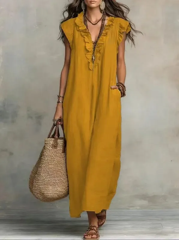 2026 verão feminino boho algodão linho maxi vestido cor sólida plissado decote em v sem mangas solto vestidos longos com bolsos casual praia