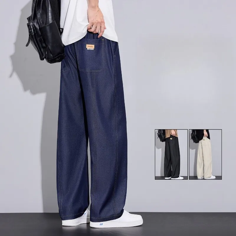 Men's Summer Lyocell Thin Wide Leg Jeans Ice Silk Cool Breathable Elastic Waist Casual Streetwear Denim Pants Daily Wear for Men
