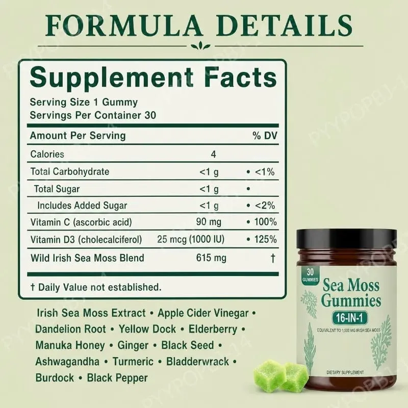 Irish Sea Moss Gummies 1500mg Equivalent 16 in 1 Botanical Blend Apple Flavor Daily Wellness Supplement 30 Count