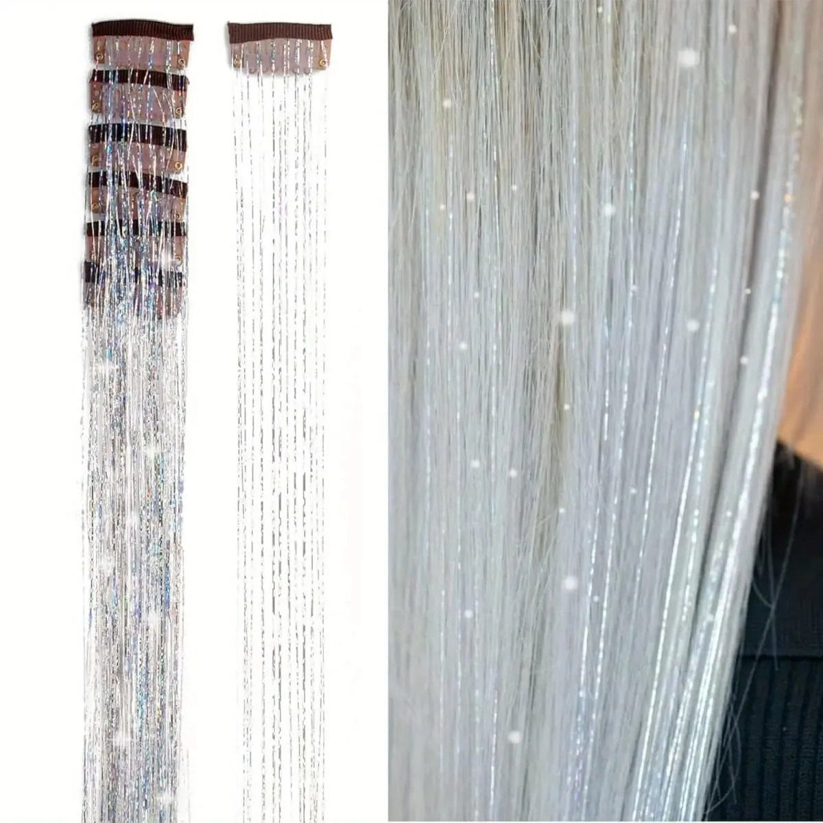 6Pcs 50cm Sparking Shiny Hair Tinsel Hair Extensions Tinsel Synthetic Hair Clip Extensions Women for Braiding Headdress — image 12