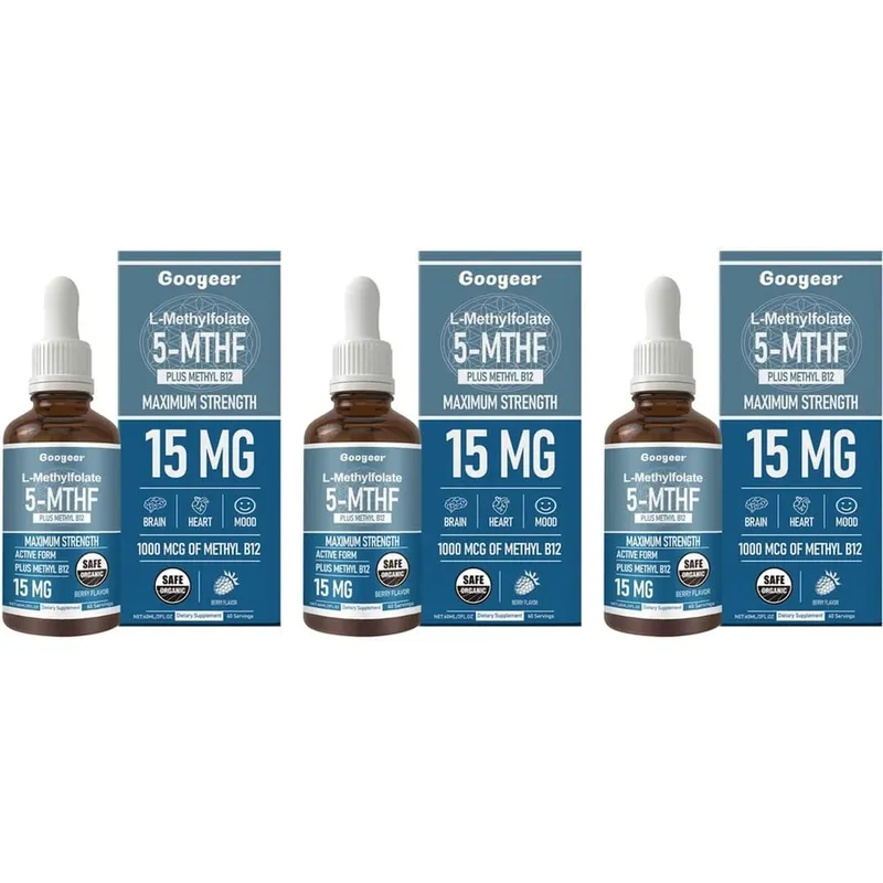 Googeer L-Methylfolate 5-MTHF Liquid Drops with Methyl B12 15mg 1000mcg Maximum Strength Heart Brain Mood Support 60ml