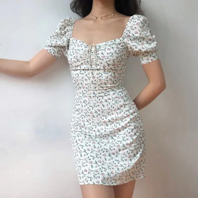 Women Summer Floral Puff Sleeve Dress Girls School Tie-Waist Slimming Short Dress Woman Casual Dress Teen Ladies Beach Vacation — image 6