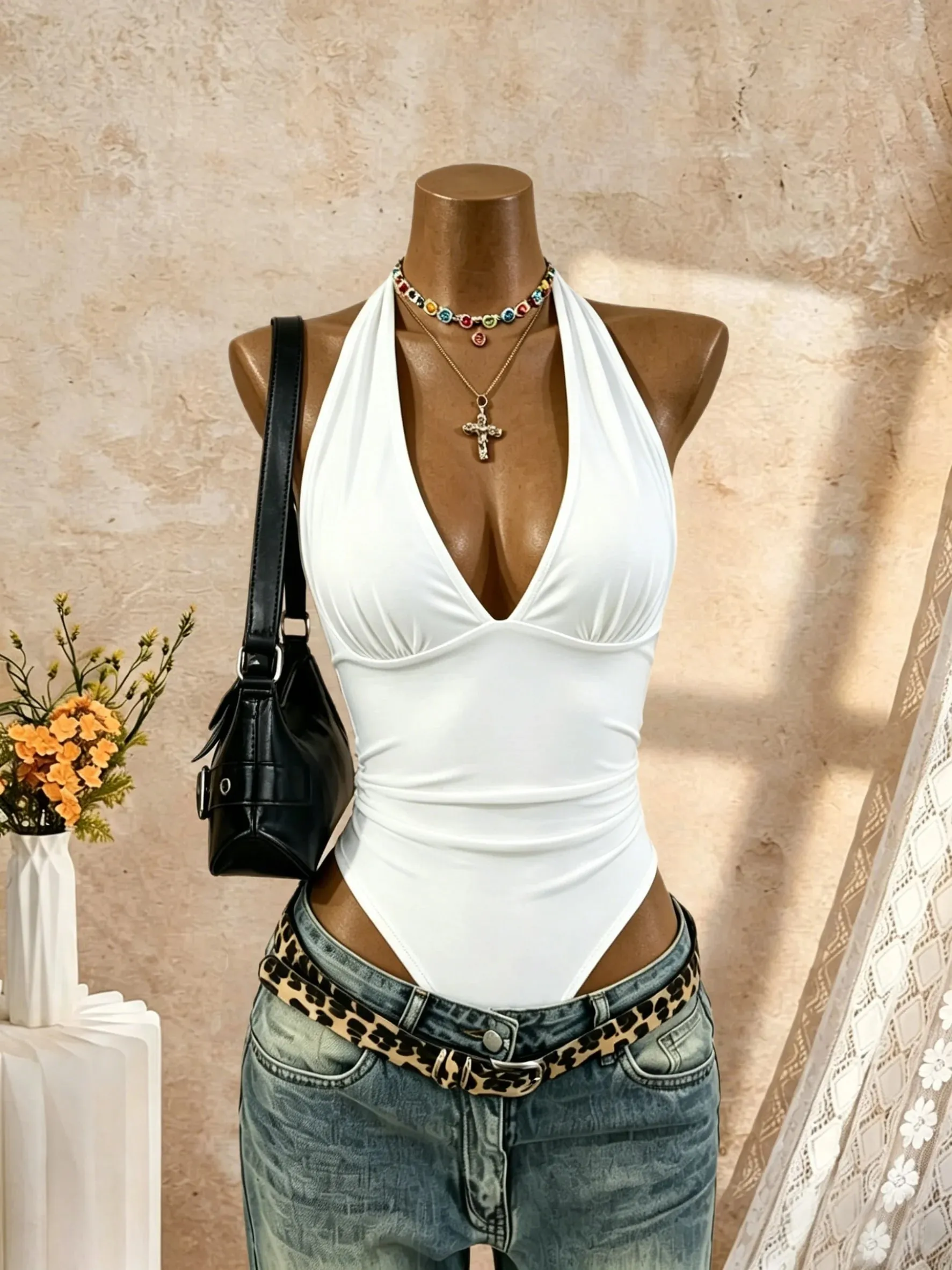 Women Halter Deep V Neck Ruched Slim Fit High Cut Bodysuit 2026 Summer Y2K Streetwear Sleeveless Tank Top — image 7