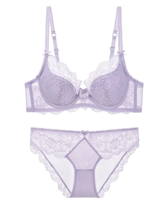Women Lace Bra Panty Set Summer Thin Push Up Side Support Anti Sag Sexy Pure Desire Lingerie Underwear Suit 32‑38