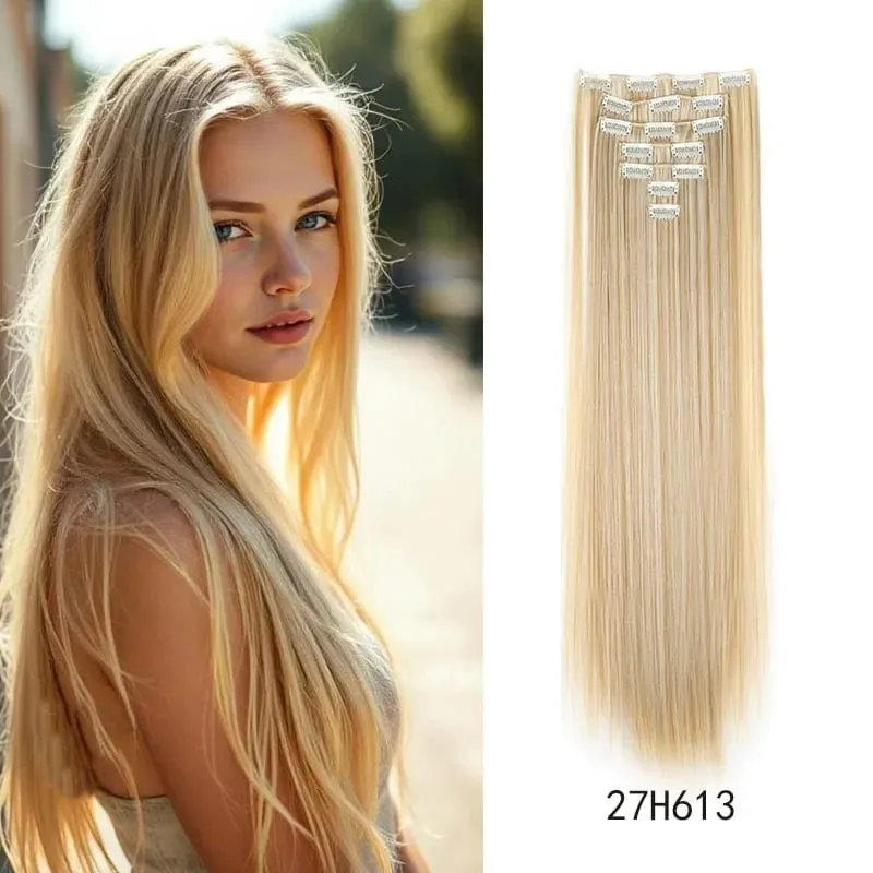 Synthetic 24inch Clips in Hair Extensions Long Straight Hairstyle Blonde Black Hairpieces Heat Resistant False Hair Daily Use