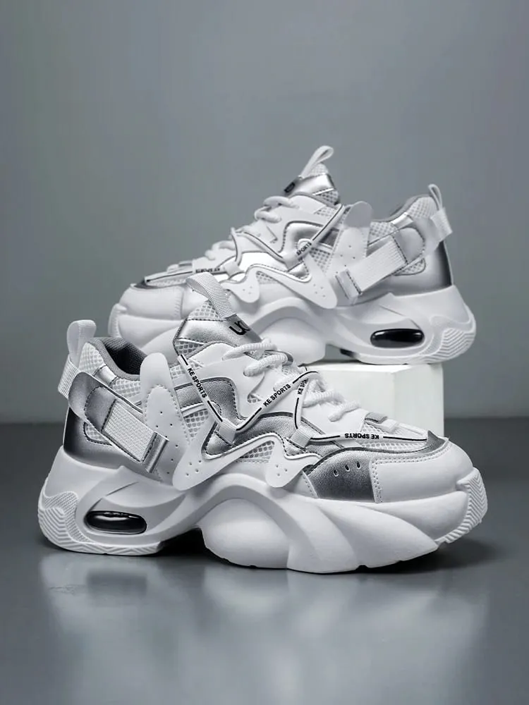 Men's Casual Sneakers with Large Mesh Breathable Upper Metallic Texture and Contrasting Color Stitching and Trendy Webbing Accents. Thick Air-Cushioned Soles Provide Both Height Increase and Shock Absorption Making Them Suitable for Street