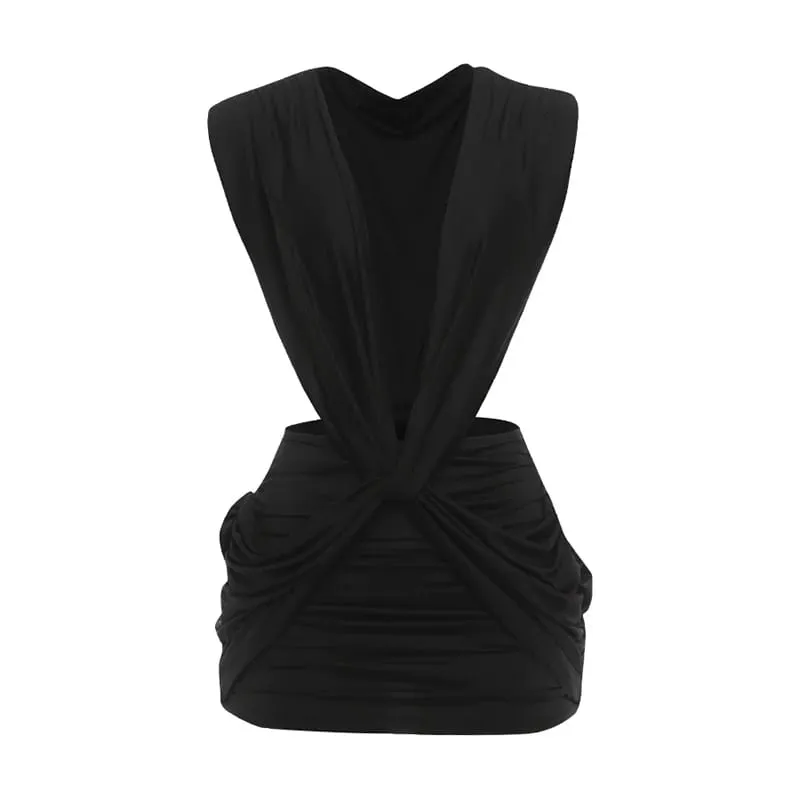 Nibber Folds Dress Wome Kink Deep v-Neck Sleeveless Solid Summer Trend Skinny Cross Waistless Stretch Beach Party Mini Bodycon — image 9