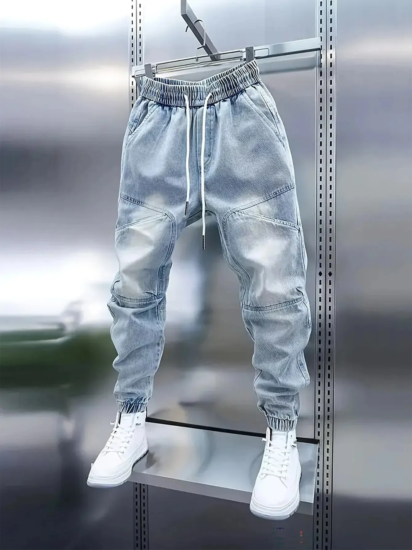 Men's New Drawstring Elastic Waist Light Blue Cuffed Baggy Jeans — image 6