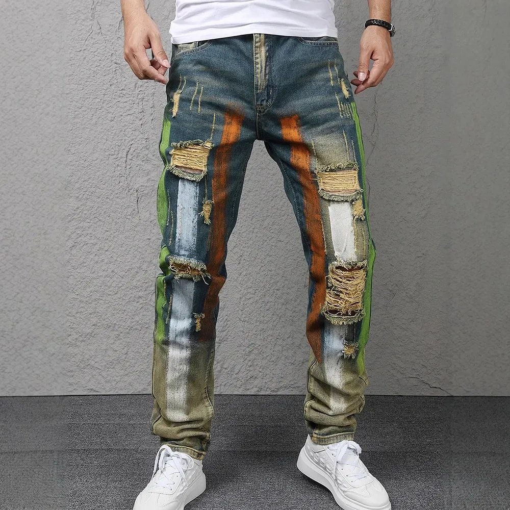 Men Painted Denim Jeans Contrast Color Holes Ripped Distressed Pants Non Stretch Cotton Slim Straight Trousers — image 4