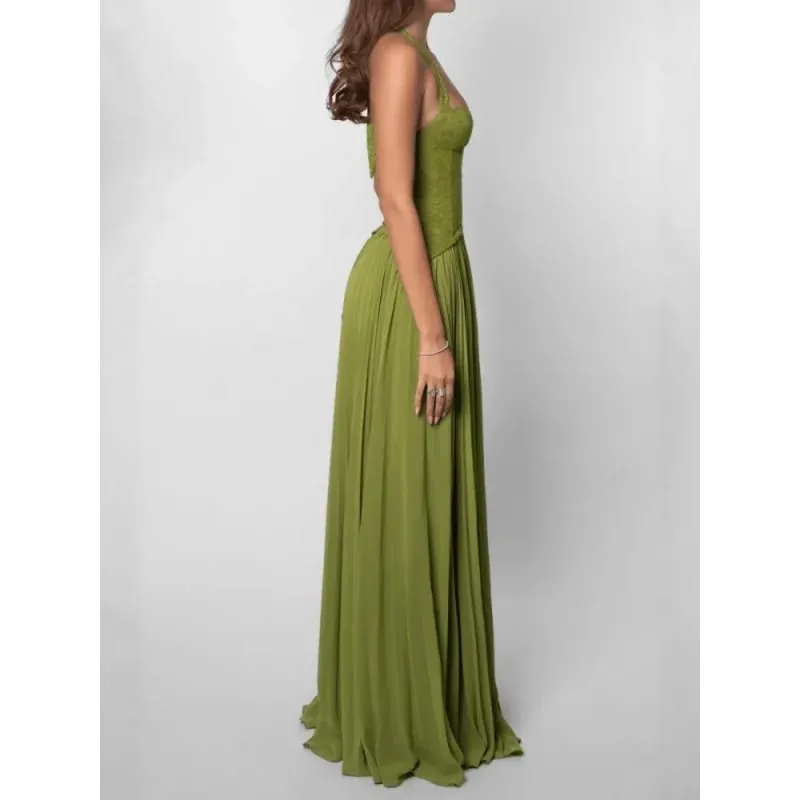 Vestido largo con cuello Halter y corsé de espina de pescado verde para mujer, Espalda descubierta, hombros descubiertos, diseño de telas combinadas con plisado, vestidos ajustados, vestido de fiesta de Navidad para mujer, nuevo — image 4