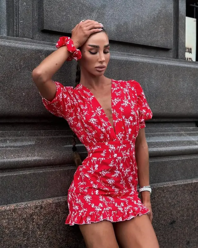 Chic Printed Slim Fit Mini Dress Women Elegant V-neck Puff Short Sleeves Waist Cinching Dresses 2026 Summer Lady Party Robes New — image 8