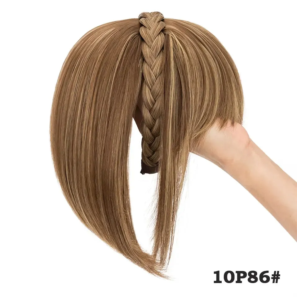 Snoilite 11'' Braided Headband with Clip-In Hair Topper With Bangs Natural Look Synthetic Straight Hair Extensions for Women 92g