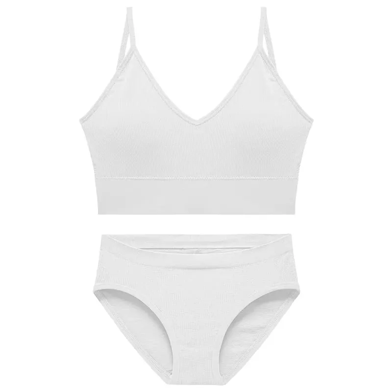 Women's Seamless Ribbed Bra and Panty Set 2 Piece Spaghetti Strap Crop Top High Stretch Lingerie Set with Removable Pads